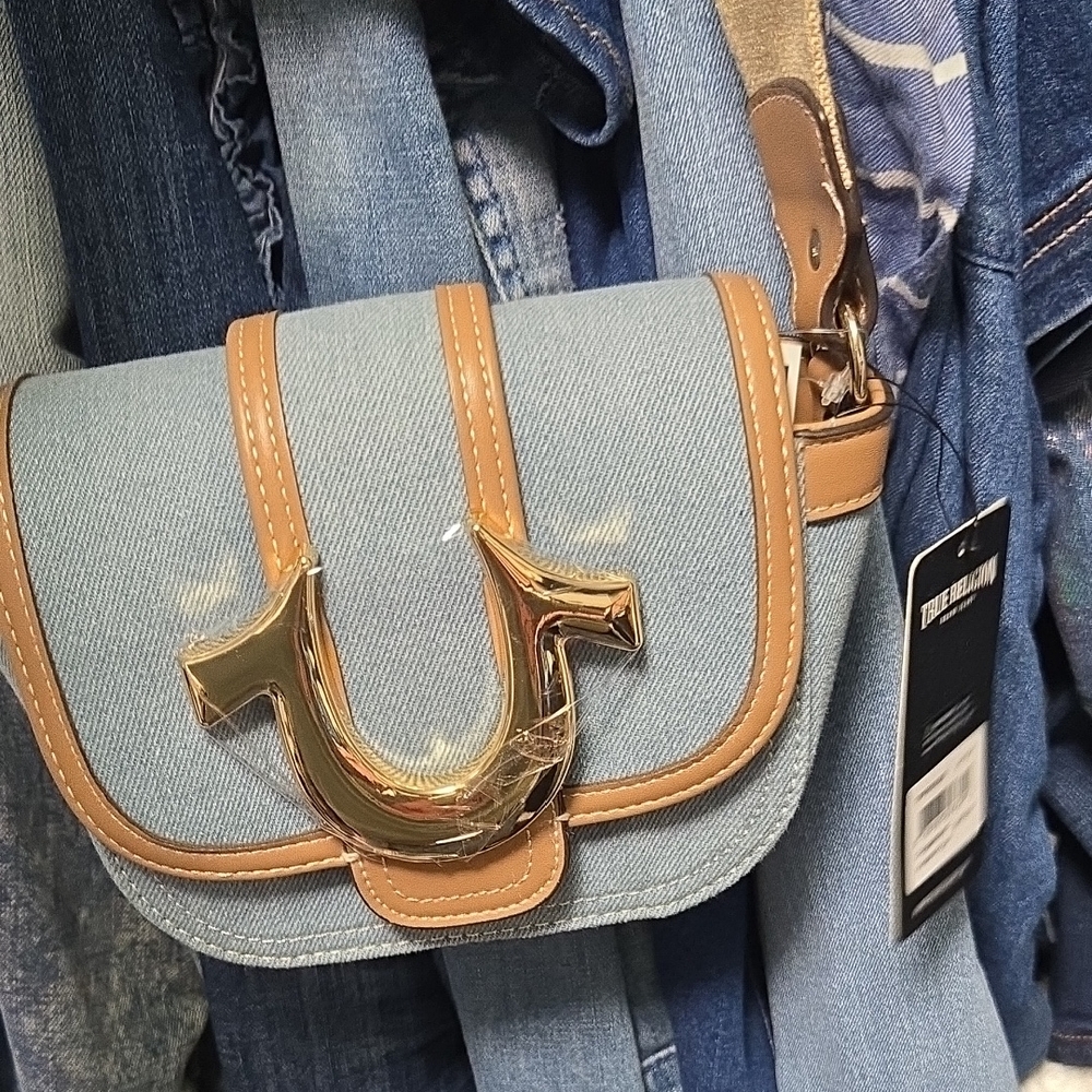 True Religion Blue and Tan Crossbody Bag with Horseshoe Clasp